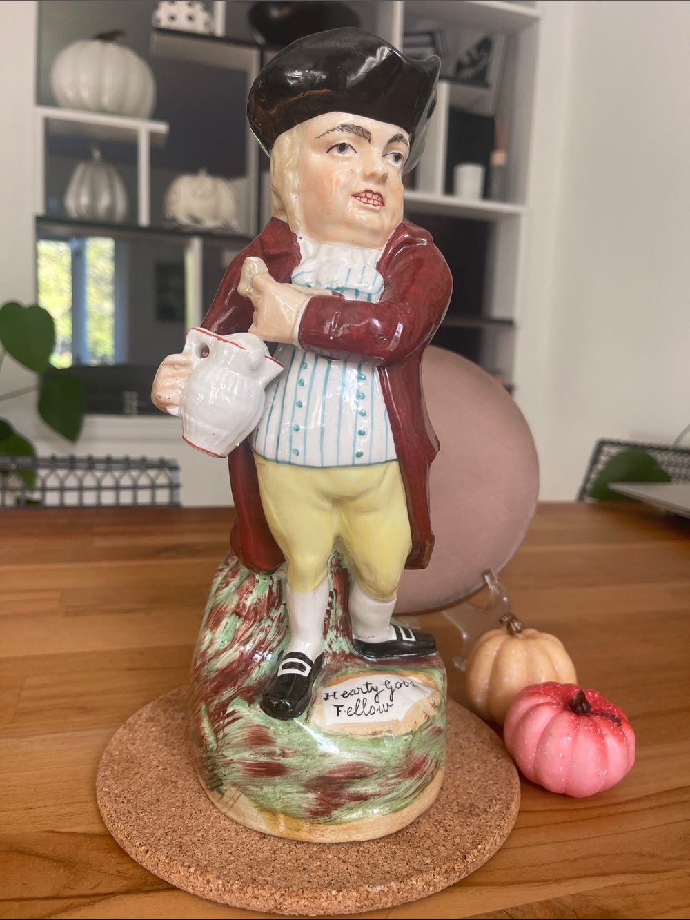 Staffordshire-style Toby Jug Figurine in Red Coat and Yellow Breeches